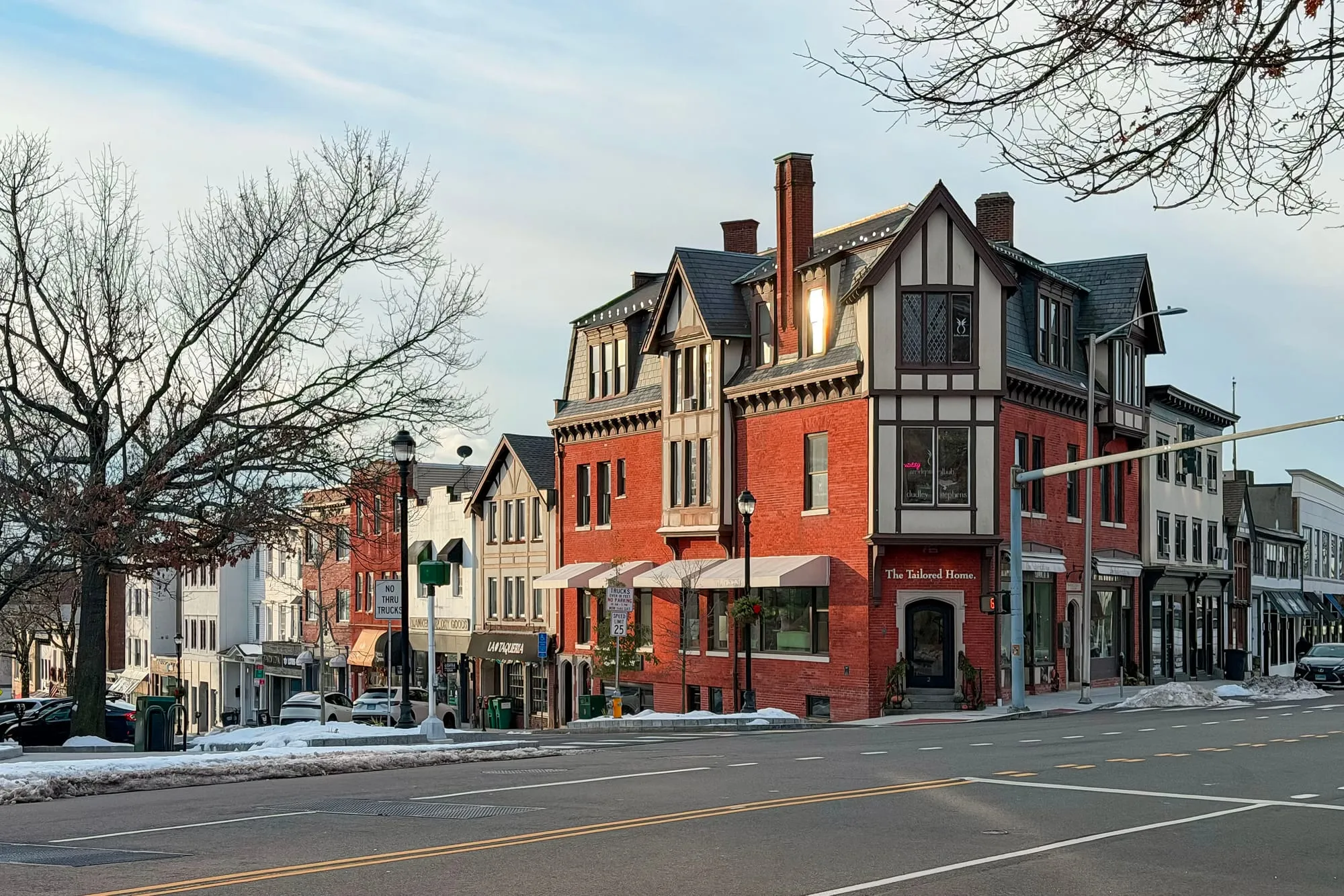 The top of Greenwich Avenue in winter