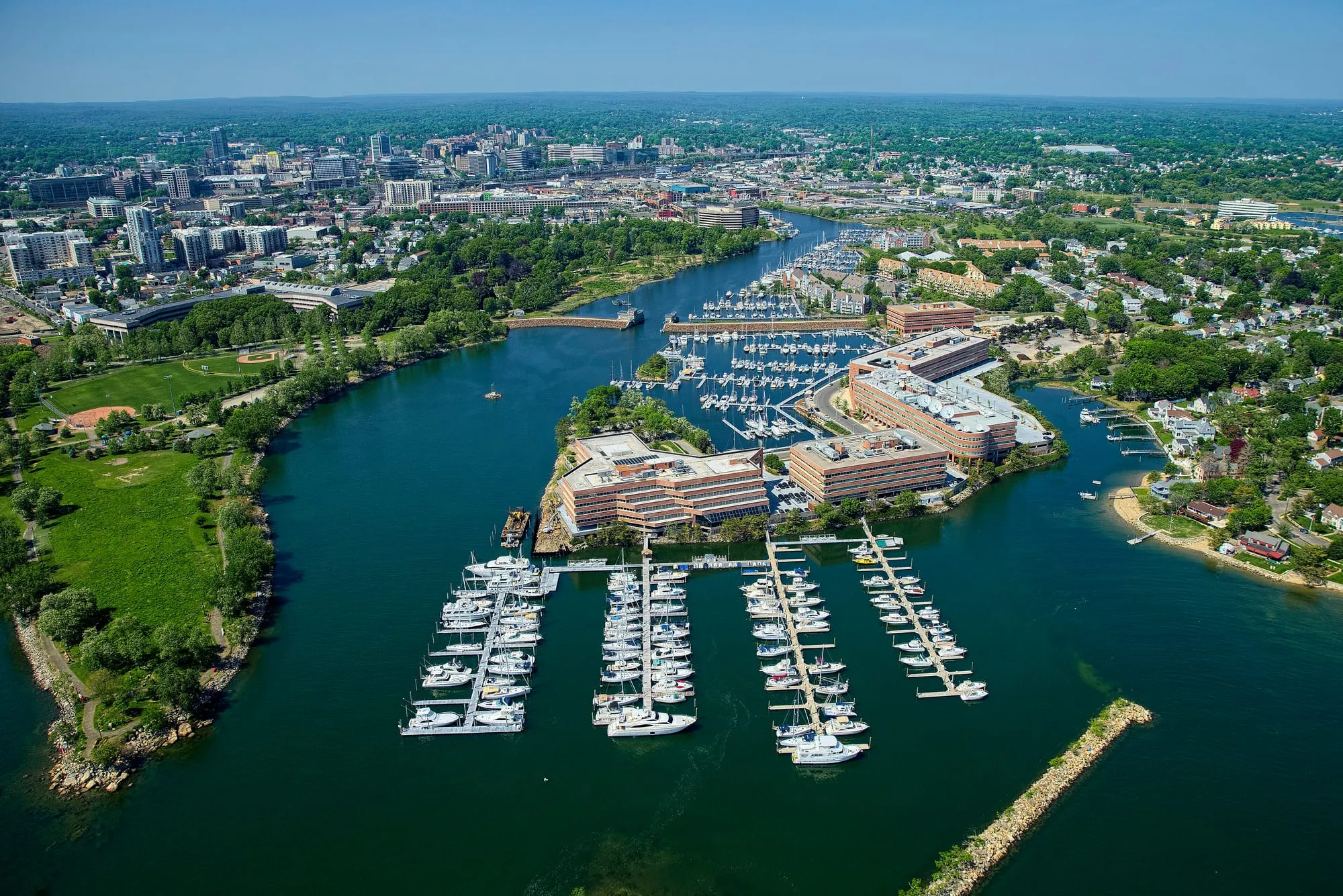 Shippan Point, Stamford Harbor and the downtown skyline from the air