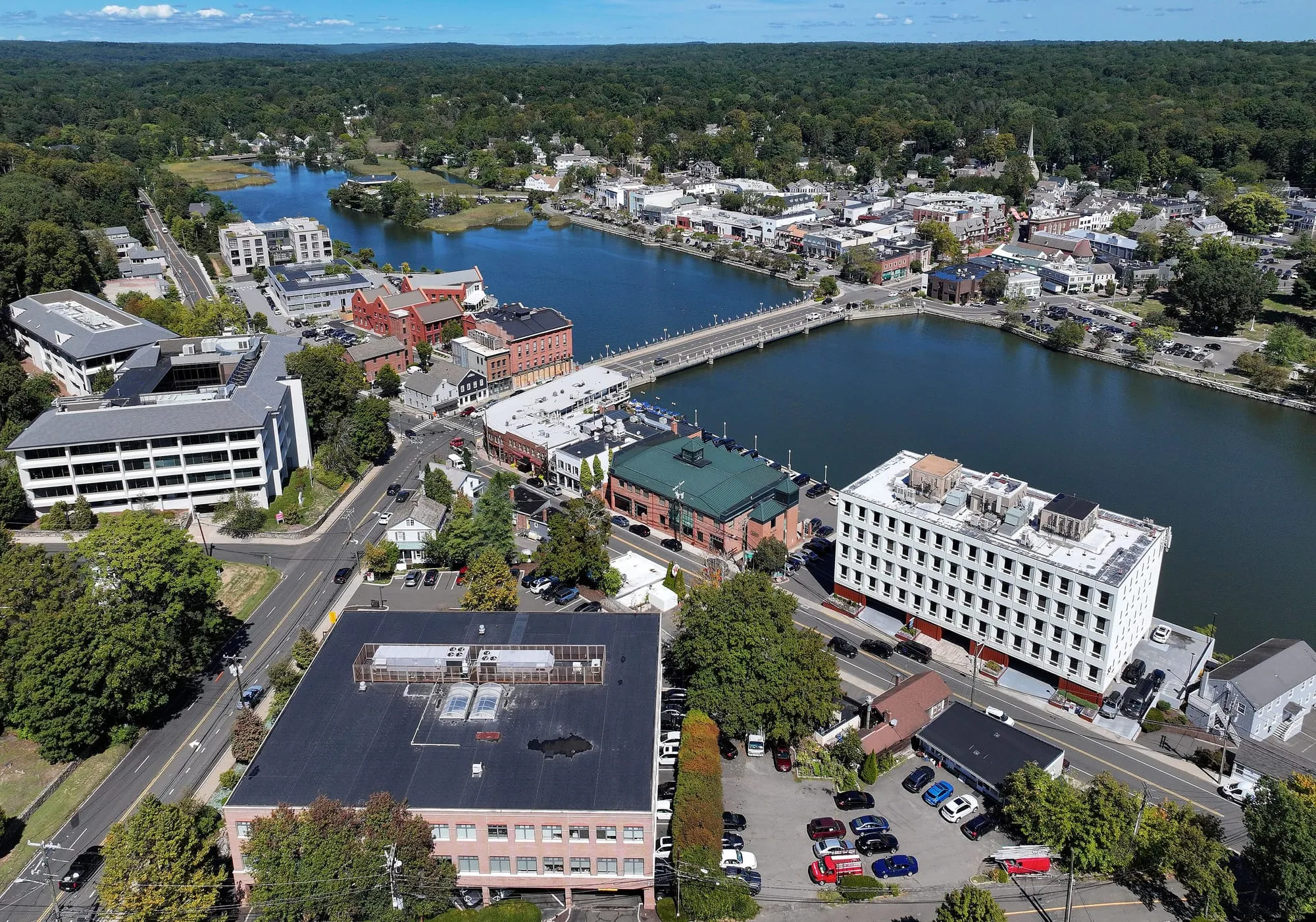 Downtown Westport and the Saugatuck River from the air